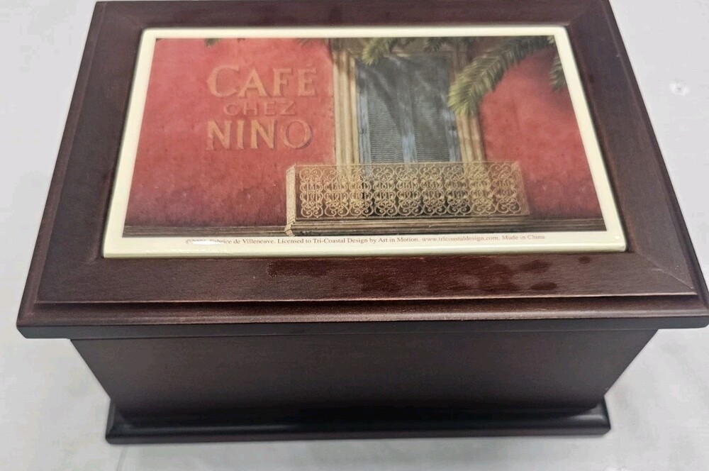 Vintage Cafe Chez Nino wooden jewelry box featuring a tiled top